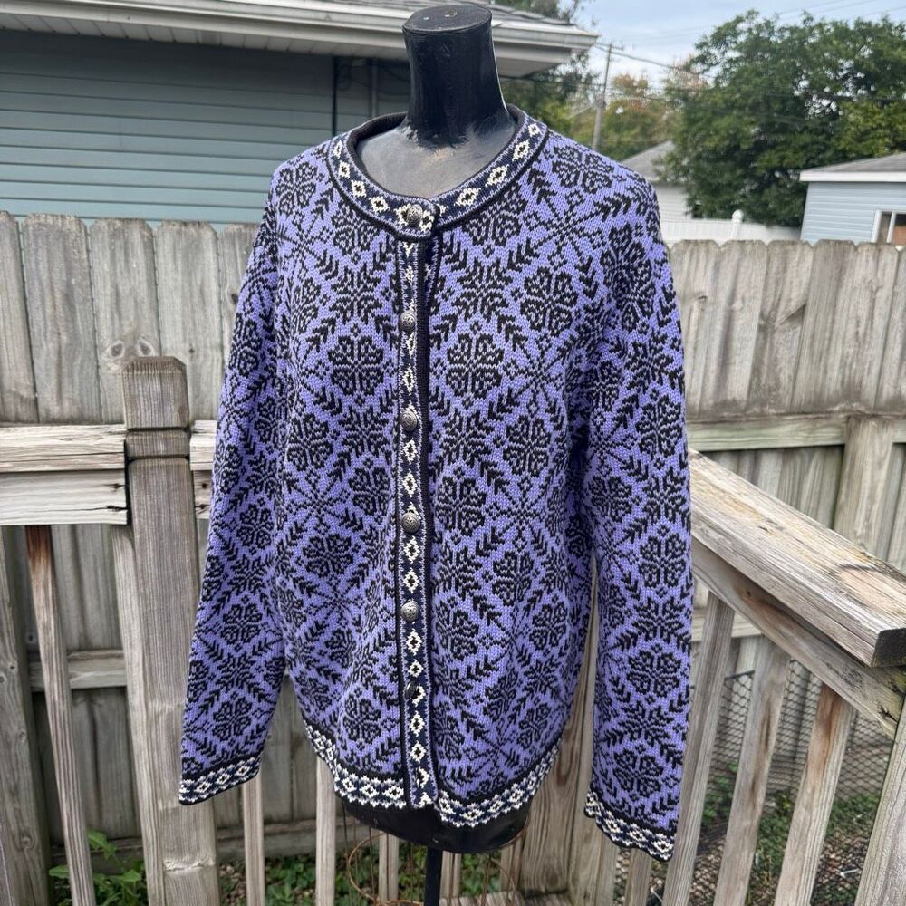 L.L. Bean Women’s Nordic Fair Isle Cardigan Sweater Sz X Large Wool Purple Black